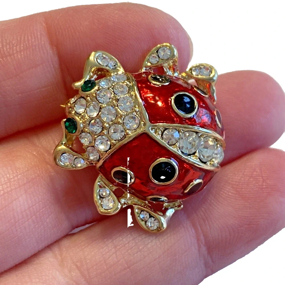 Vintage Ladybug Brooch Red & Black Enamel on Goldtone White & Green Rhinestones